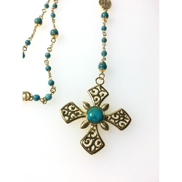 Rosary Beads Cross Necklace Gold Plated Turquoise Made in Italy - Picture 4 of 8